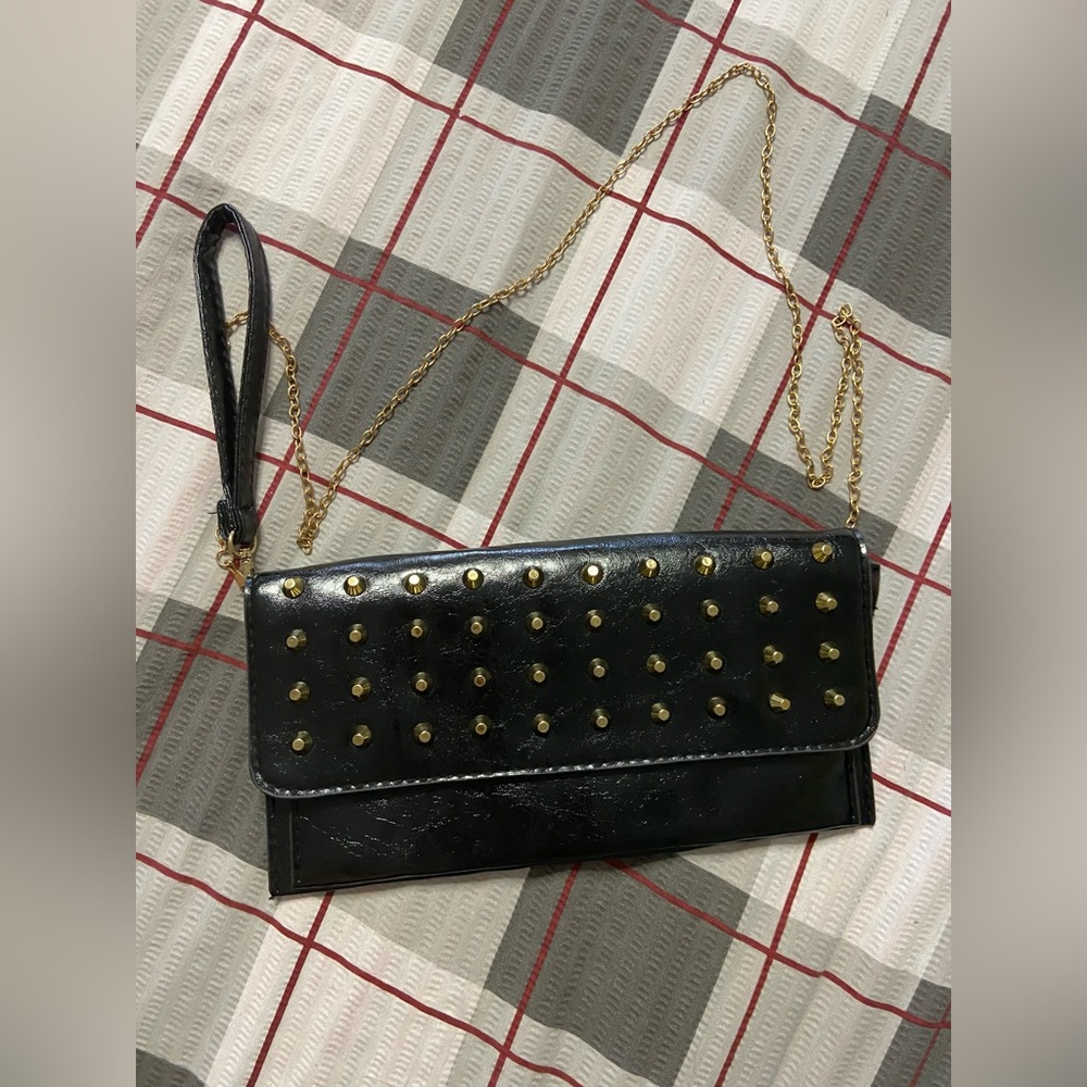 Kendall & James Black Parent Leather Studded Clutch Purse
